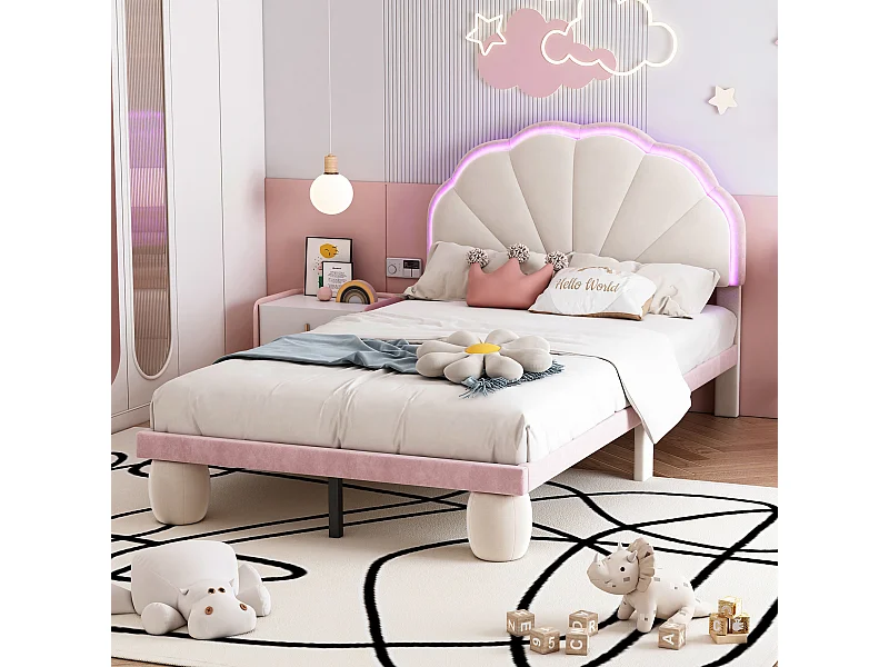 Letto singolo imbottito 90x200 cm in Velvet con LED e piedini rotondi imbottiti - Beige e Rosa