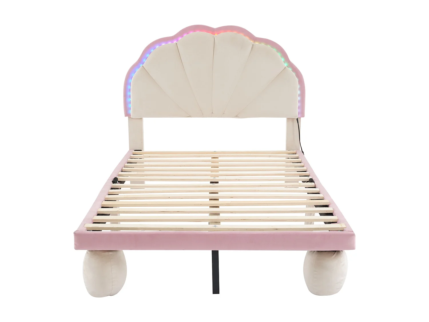Lit simple rembourré 90x200 cm en Velours avec LED et pieds ronds rembourrés - Beige et Rose