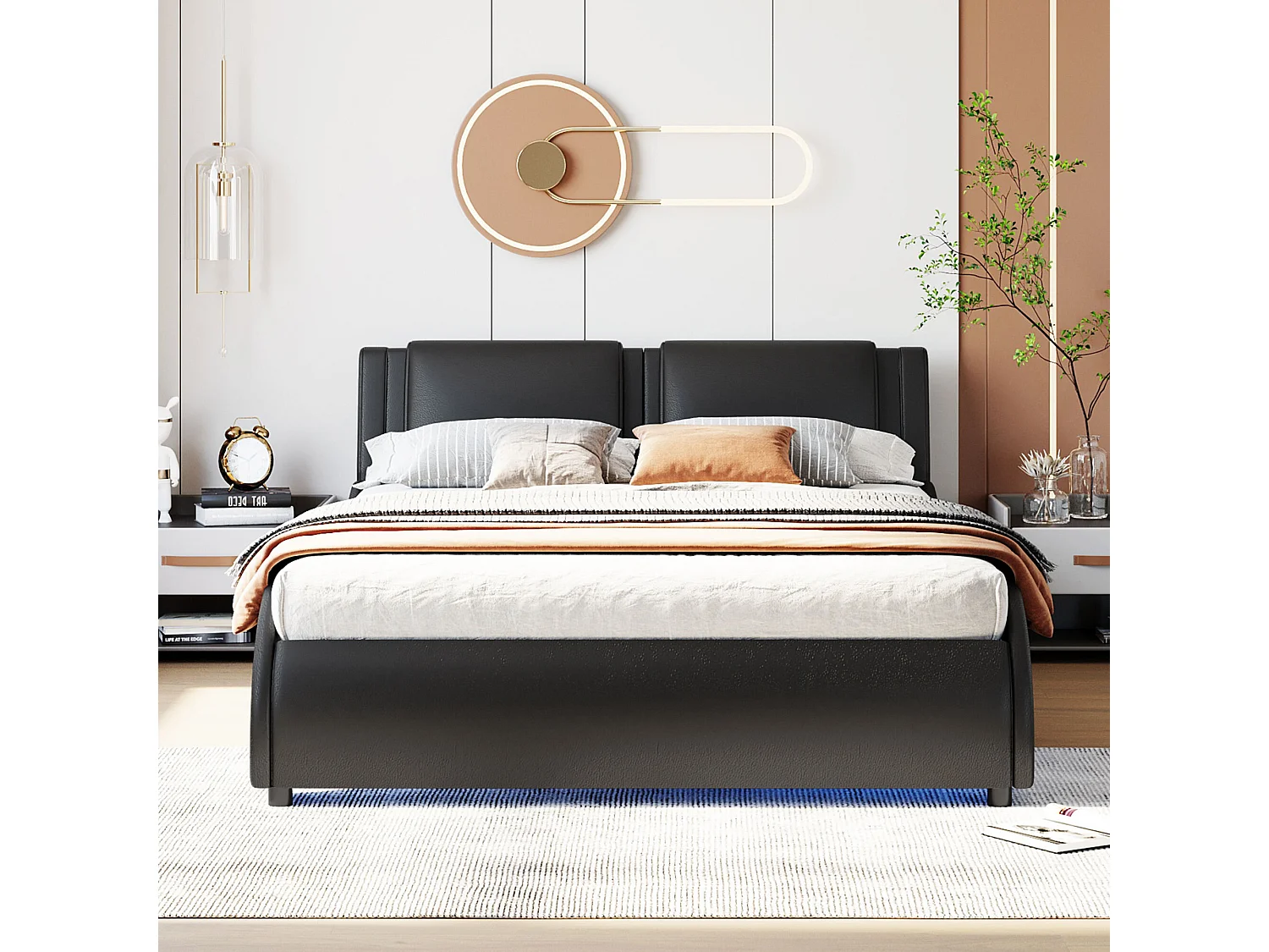 Lit 140x200 cm, PU noir, Lit adulte avec éclairage LED, sommier à lattes, sans matelas