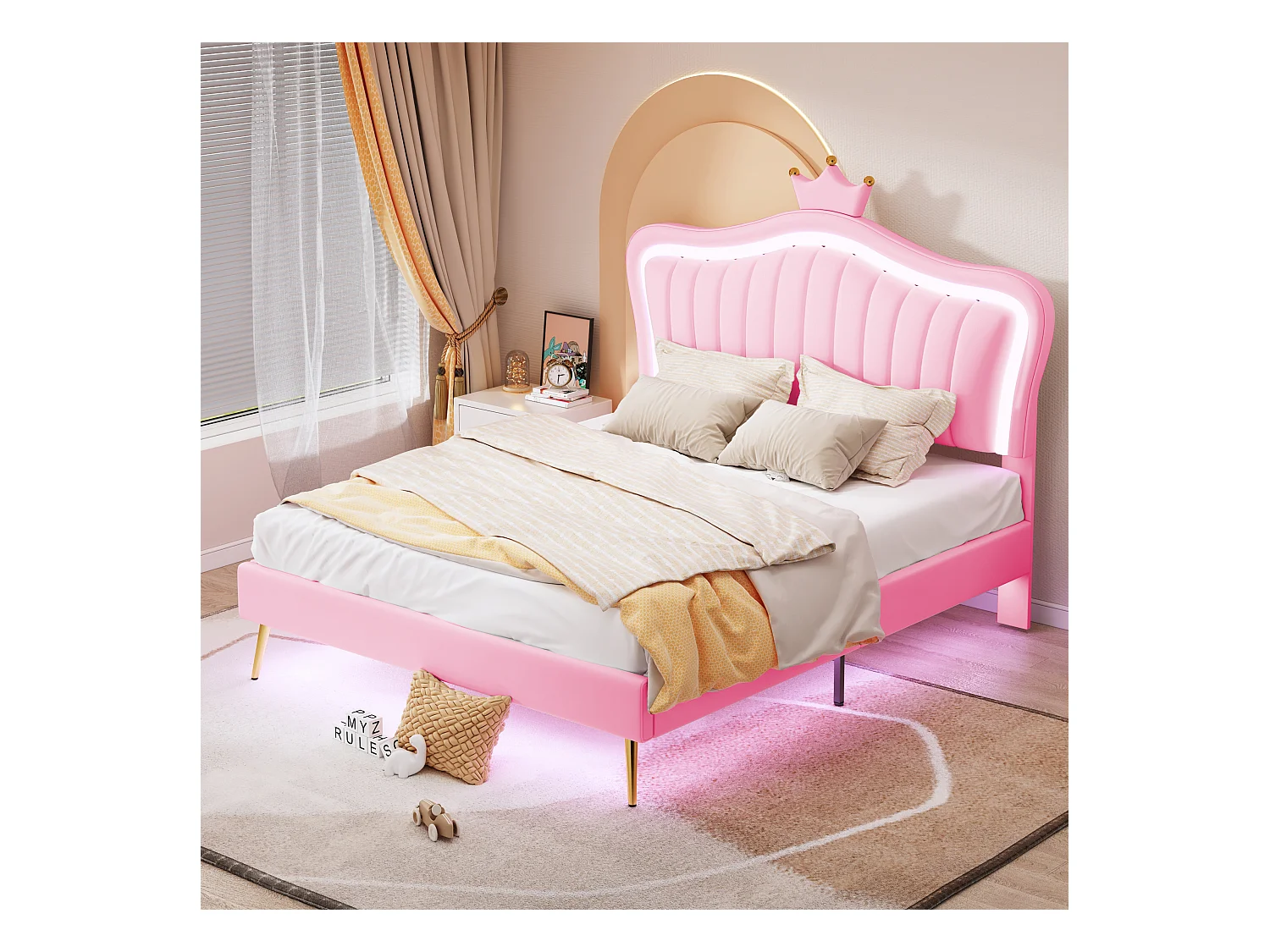 Lit enfant 140x200 cm en Cuir PU avec LED - cadre de lit forme couronne - Rose