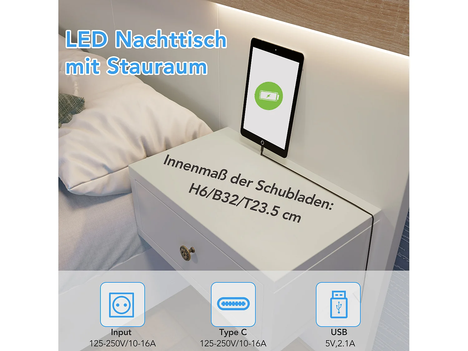 Lit Double en Bois 160x200 cm + 2 Tables de chevet avec LED et USB - Blanc(sans matelas)