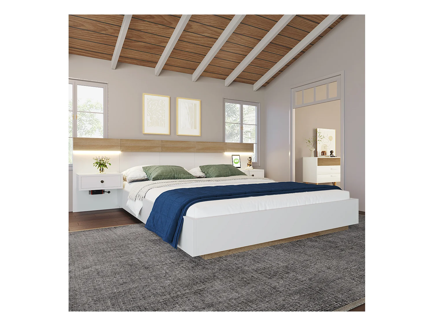 Lit Double en Bois 160x200 cm + 2 Tables de chevet avec LED et USB - Blanc(sans matelas)