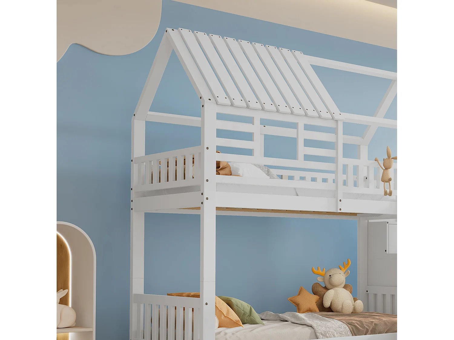 Lit Double en Bois 160x200 cm + 2 Tables de chevet avec LED et USB - Blanc(sans matelas)