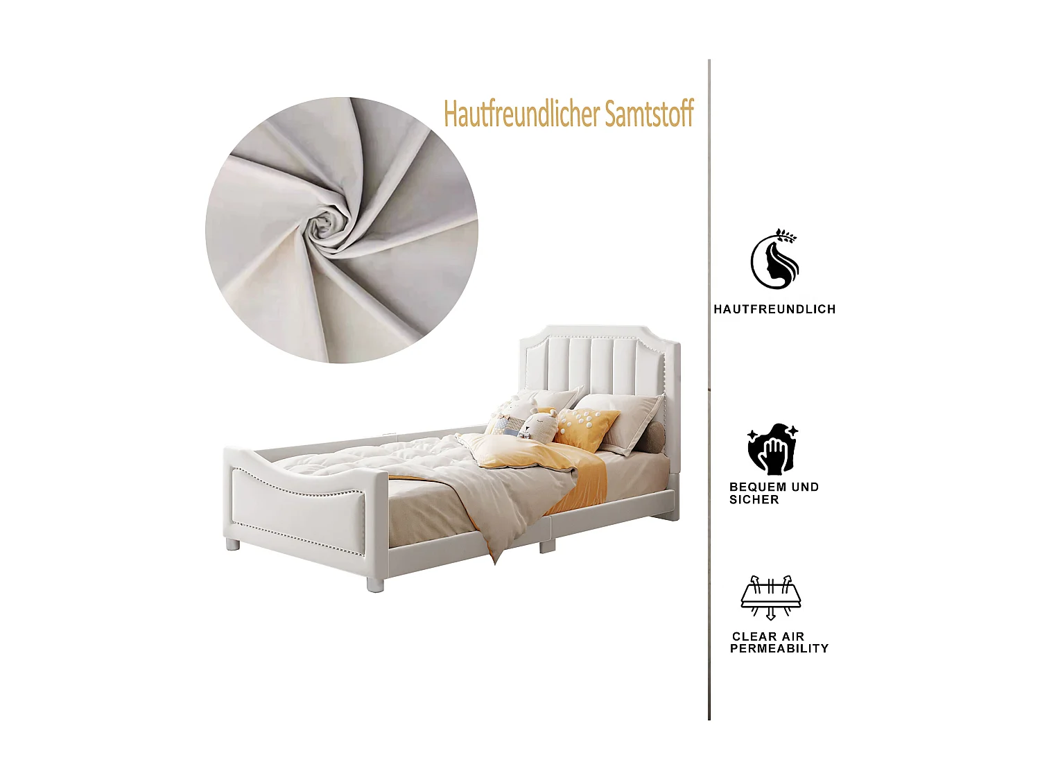 Letto singolo imbottito 90x200 cm Multifunzionale con schienale e braccioli - Beige