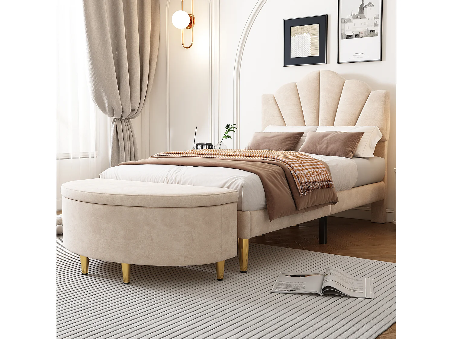 Cama para adultos tapizada cama individual 90x200 cm forma de concha con banco - Beige