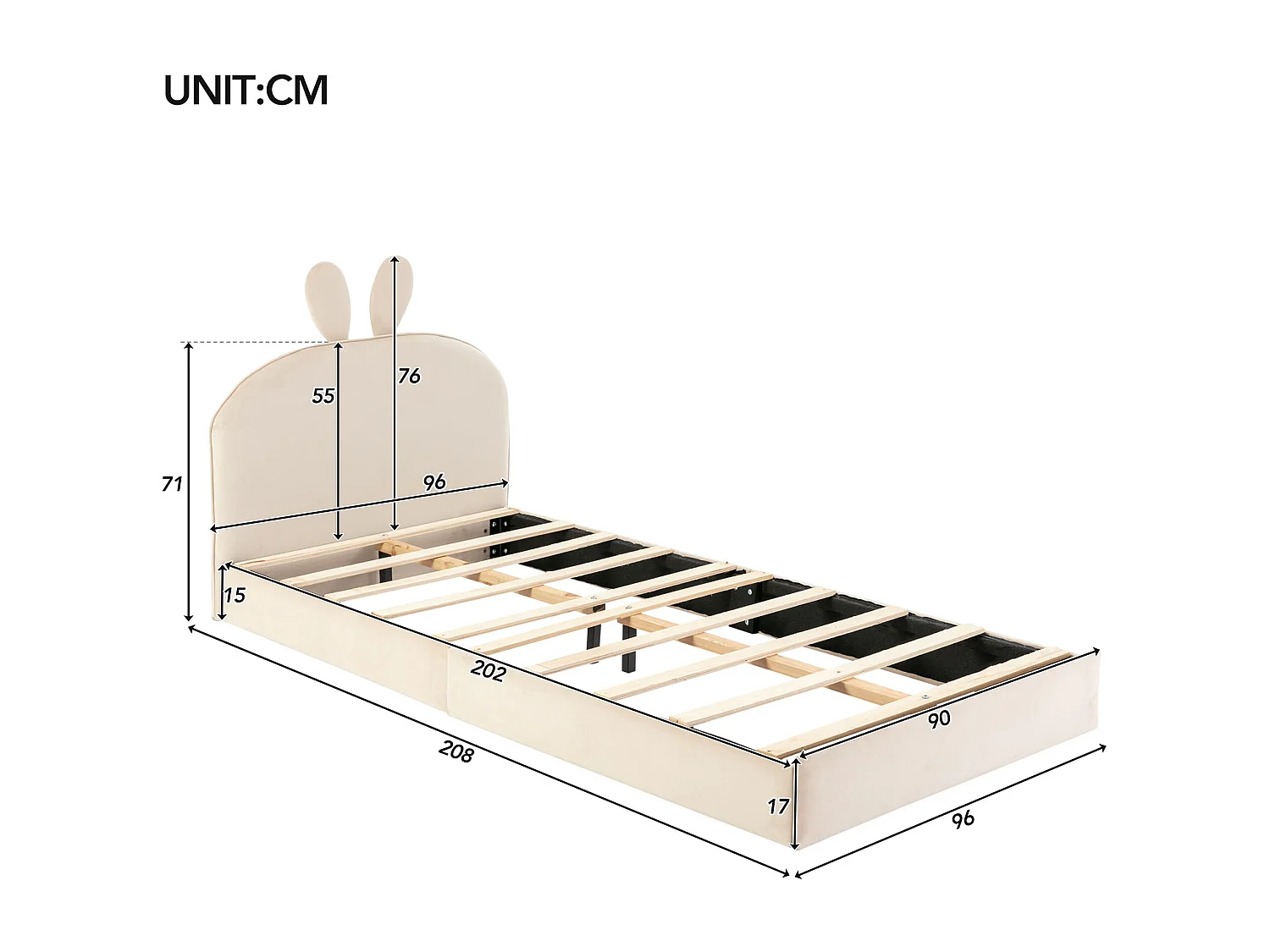 Letto singolo imbottito per bambini 90x200 cm Testiera in coniglio in velluto - Beige