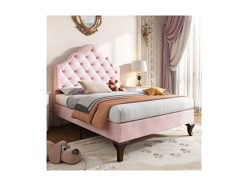 Cama individual de 90 x 200 cm con cabecero ajustable, terciopelo rosa - sin colchón