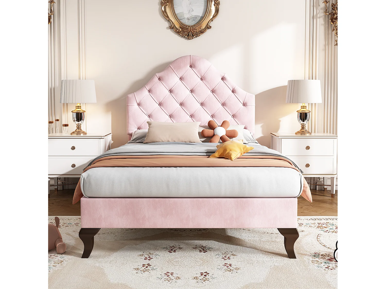 Cama individual de 90 x 200 cm con cabecero ajustable, terciopelo rosa - sin colchón