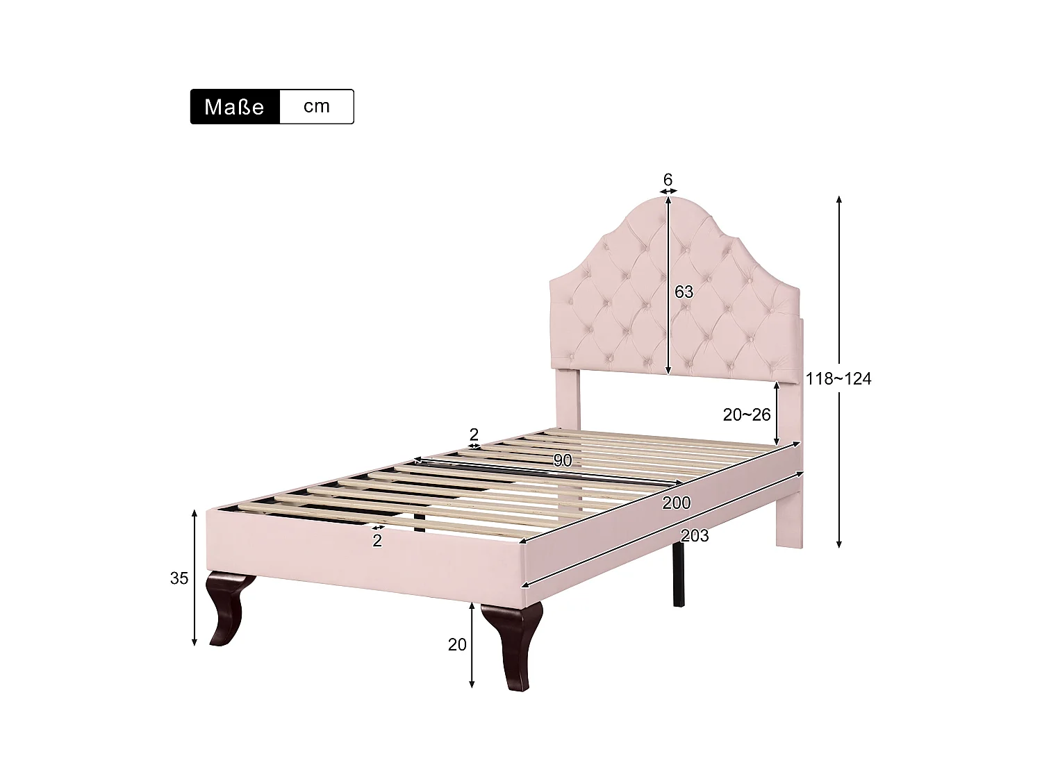 Bett 90 x 200 cm – rosa Samt – Kinderbett mit verstellbarem Kopfteil und Holzlattenrost – ohne Matratze