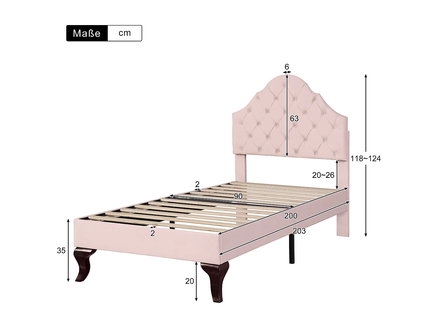 Lit enfant 90x200 cm - velours rose - Lit avec sommier à lattes et tête de lit réglable - sans matelas