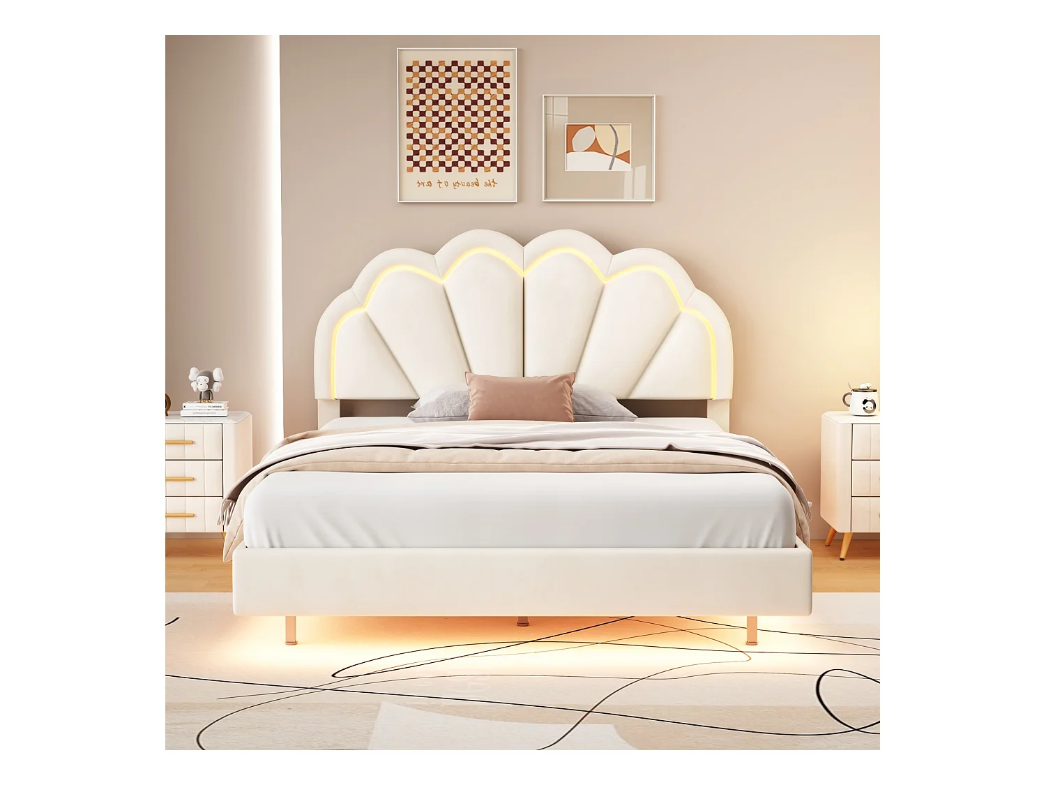 Lit double  140 x 200 cm - Lit enfant avec éclairage LED - Tissu velours beige - Sans matelas