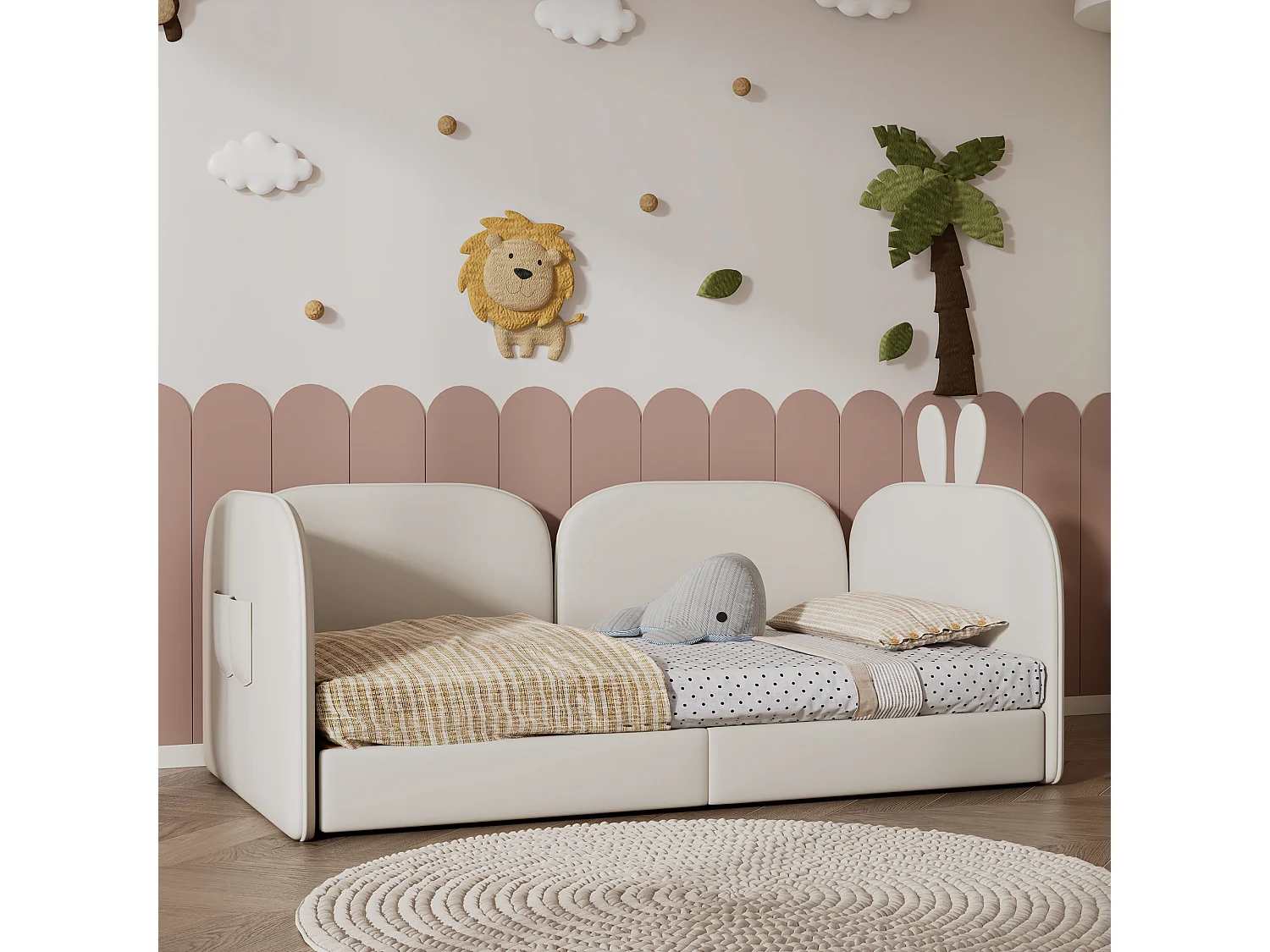 Lit simple capitonné 90x200 cm tête de lit lapin et 3 côtés inclus Velours - Beige