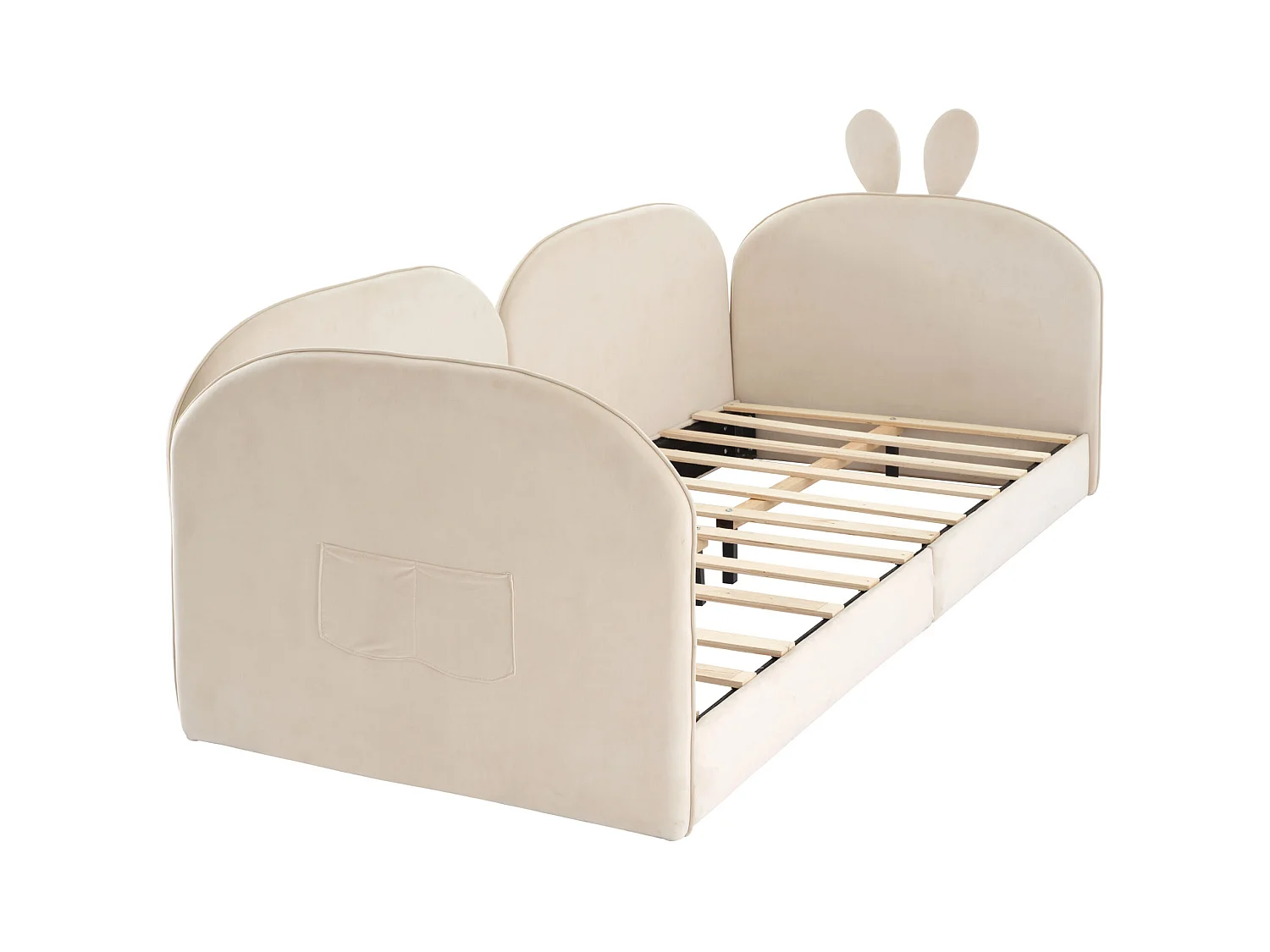 Lit simple capitonné 90x200 cm tête de lit lapin et 3 côtés inclus Velours - Beige