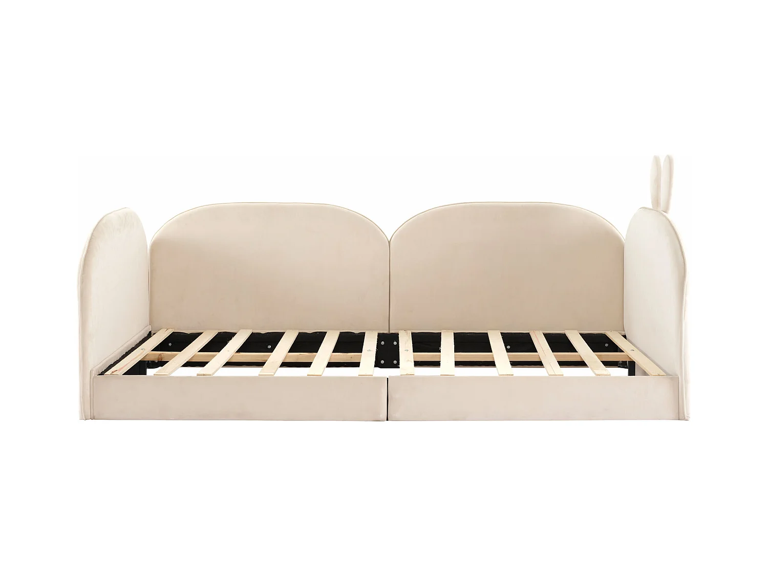 Lit simple capitonné 90x200 cm tête de lit lapin et 3 côtés inclus Velours - Beige