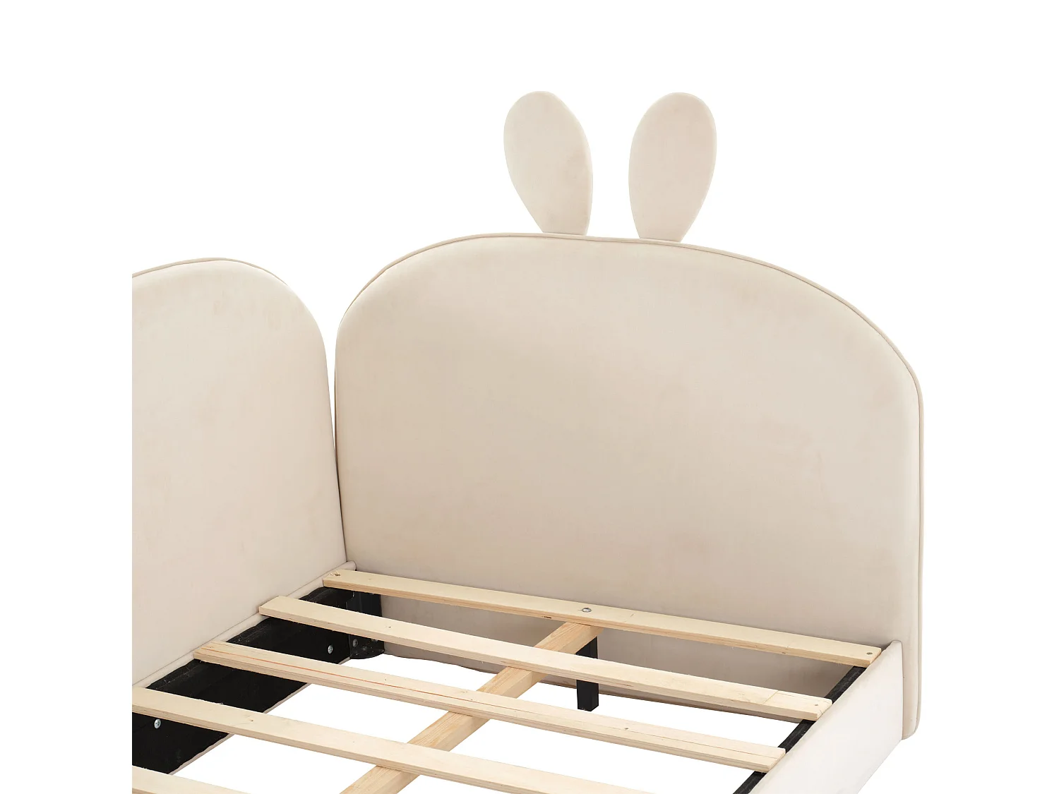 Lit simple capitonné 90x200 cm tête de lit lapin et 3 côtés inclus Velours - Beige