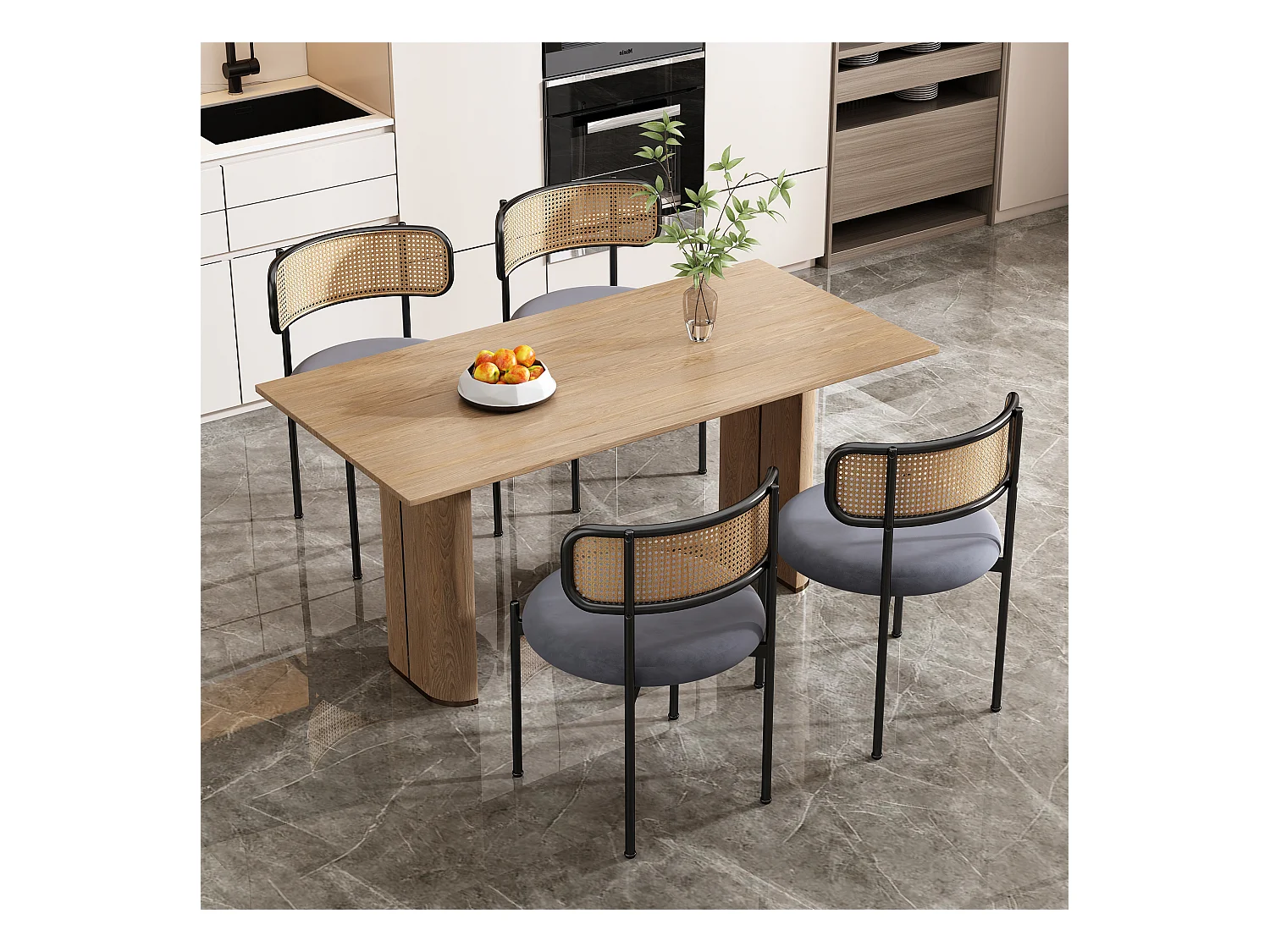 Lot de 4 Chaises de salle à manger en Velours et Rotin avec pieds en Métal - Gris