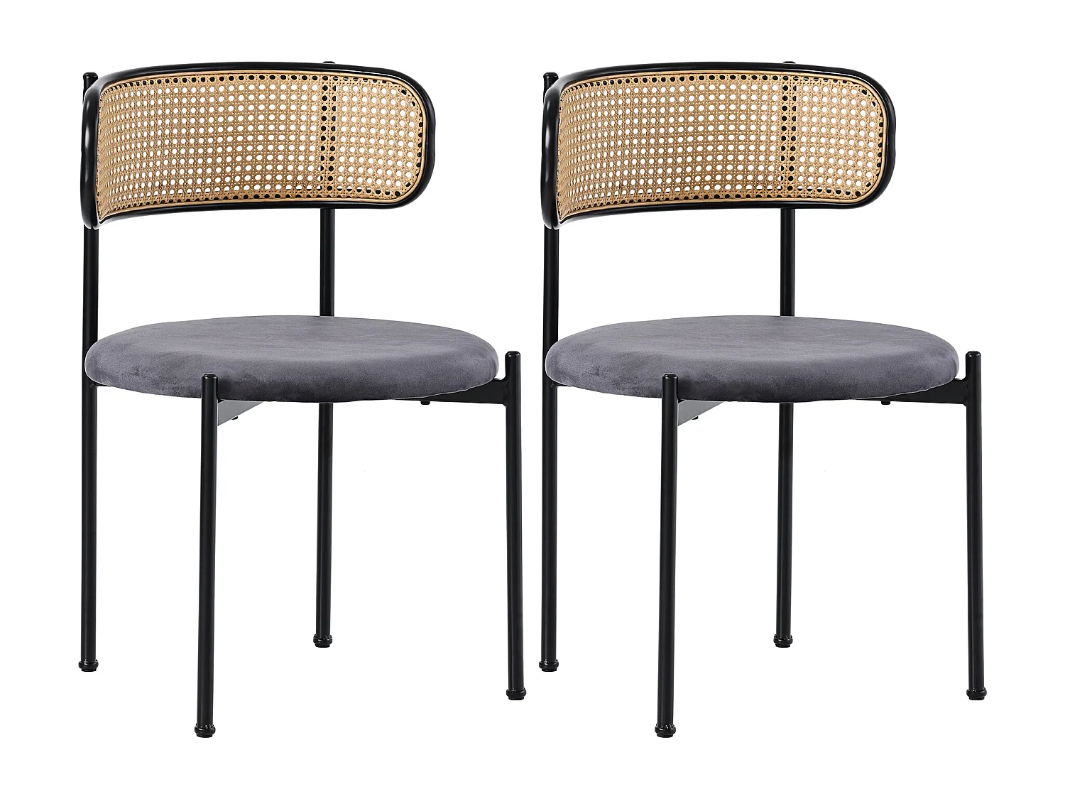 Juego de 2 sillas de comedor de terciopelo y ratán con patas de metal - Gris