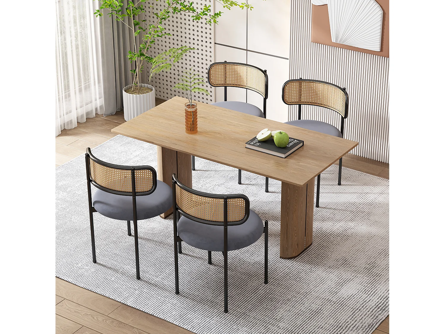 Lot de 2 Chaises de salle à manger en Velours et Rotin avec pieds en Métal - Gris