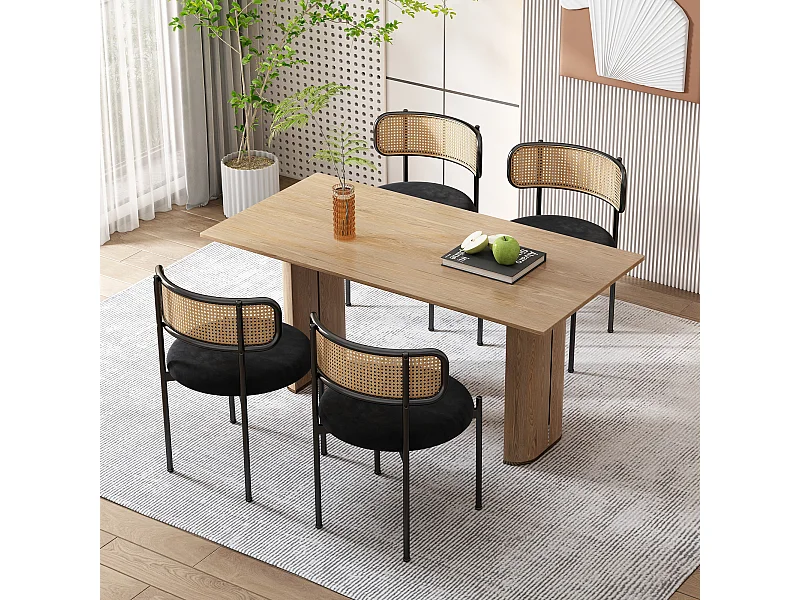 Juego de 4 sillas de comedor de terciopelo y ratán con patas de metal - Negro