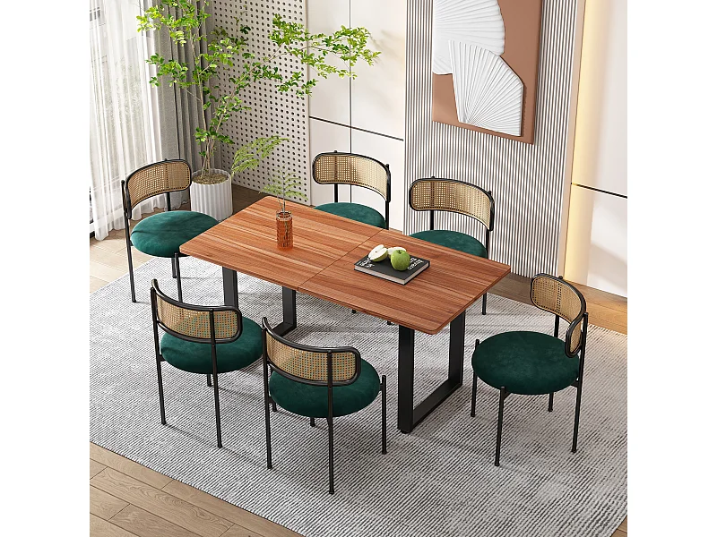 Lot de 6 Chaises de salle à manger en Velours et Rotin avec pieds en Métal - Vert