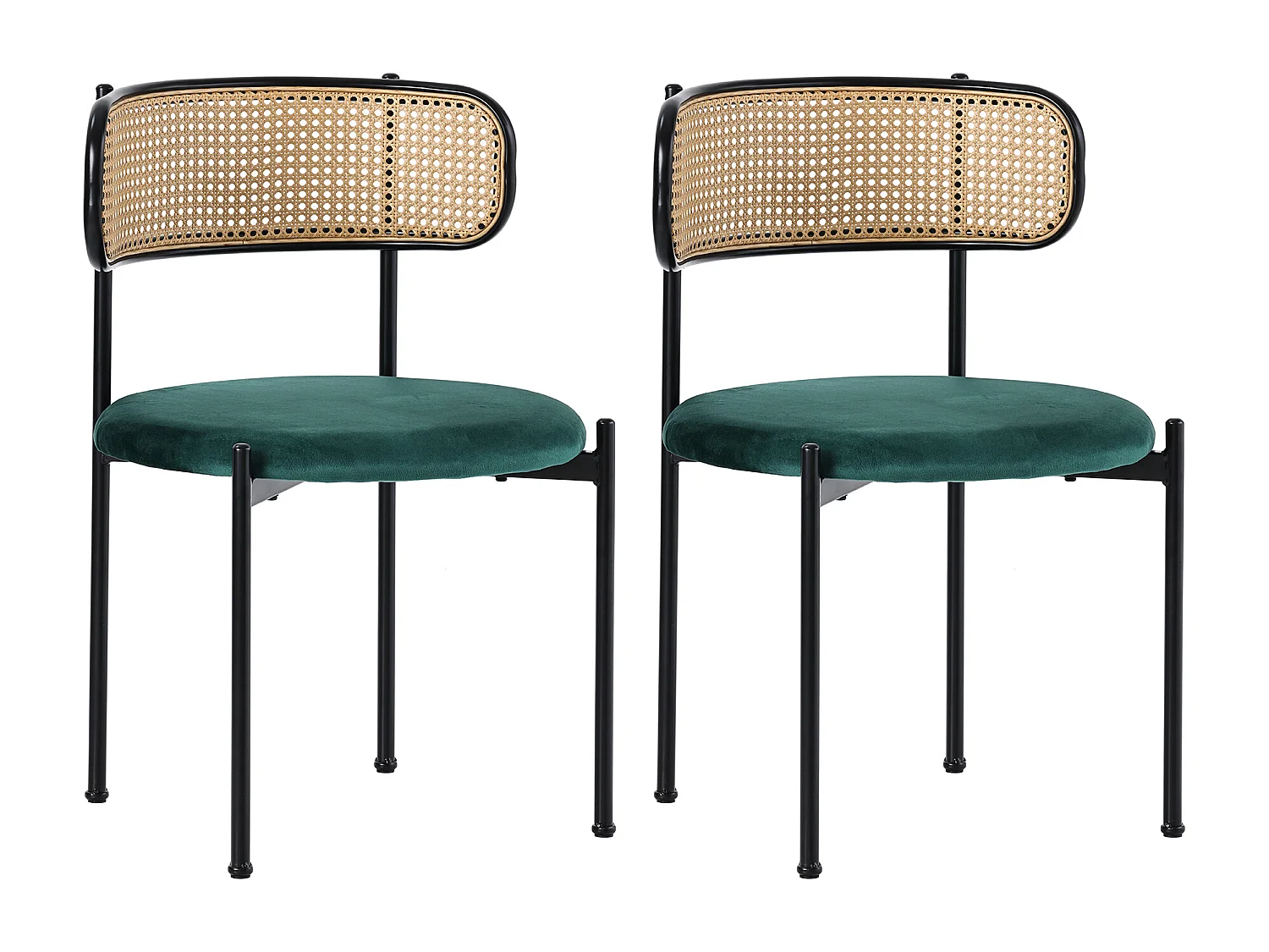 Juego de 2 sillas de comedor de terciopelo y ratán con patas de metal - Verde