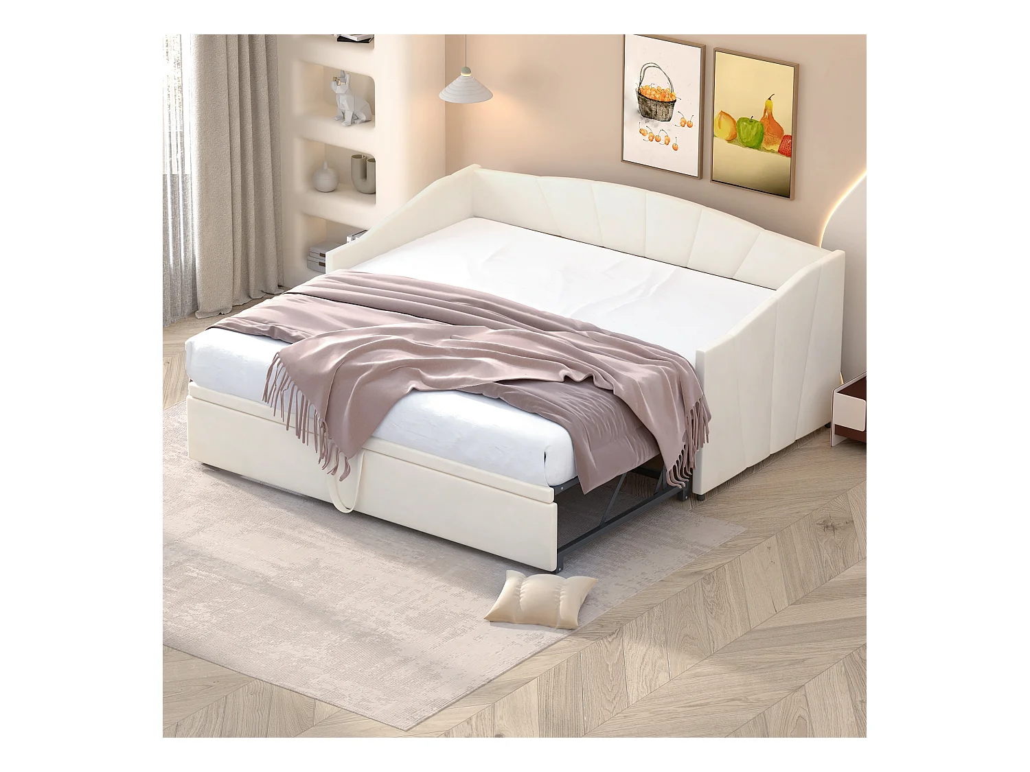Lit banquette 90/180 x 200 cm - velours beige - lit adulte avec sommier à lattes - sans matelas