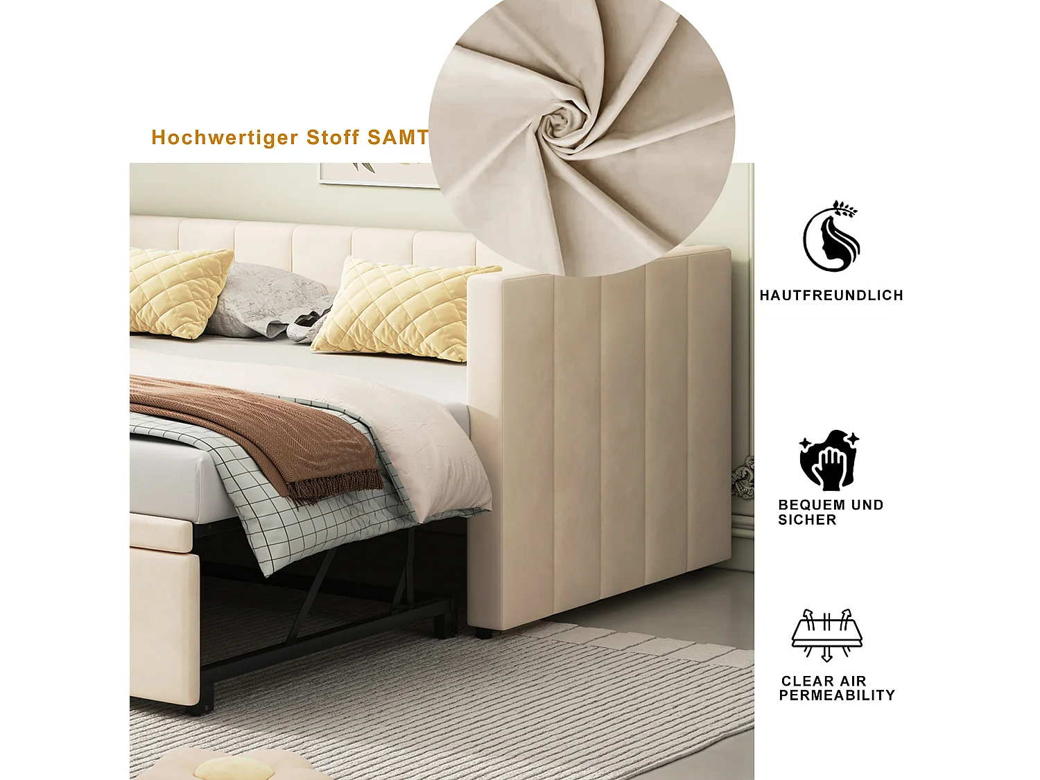 Letto Imbottito Estraibile 90/180x200 cm con Rete a Doghe Divano Letto in Tessuto di Velluto - Beige