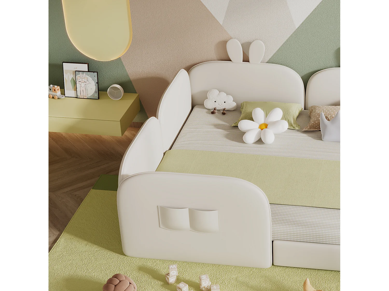 Cama nido tapizada 90x200 cm x 2 cabecero conejo y 3 laterales incluidos Terciopelo - Beige