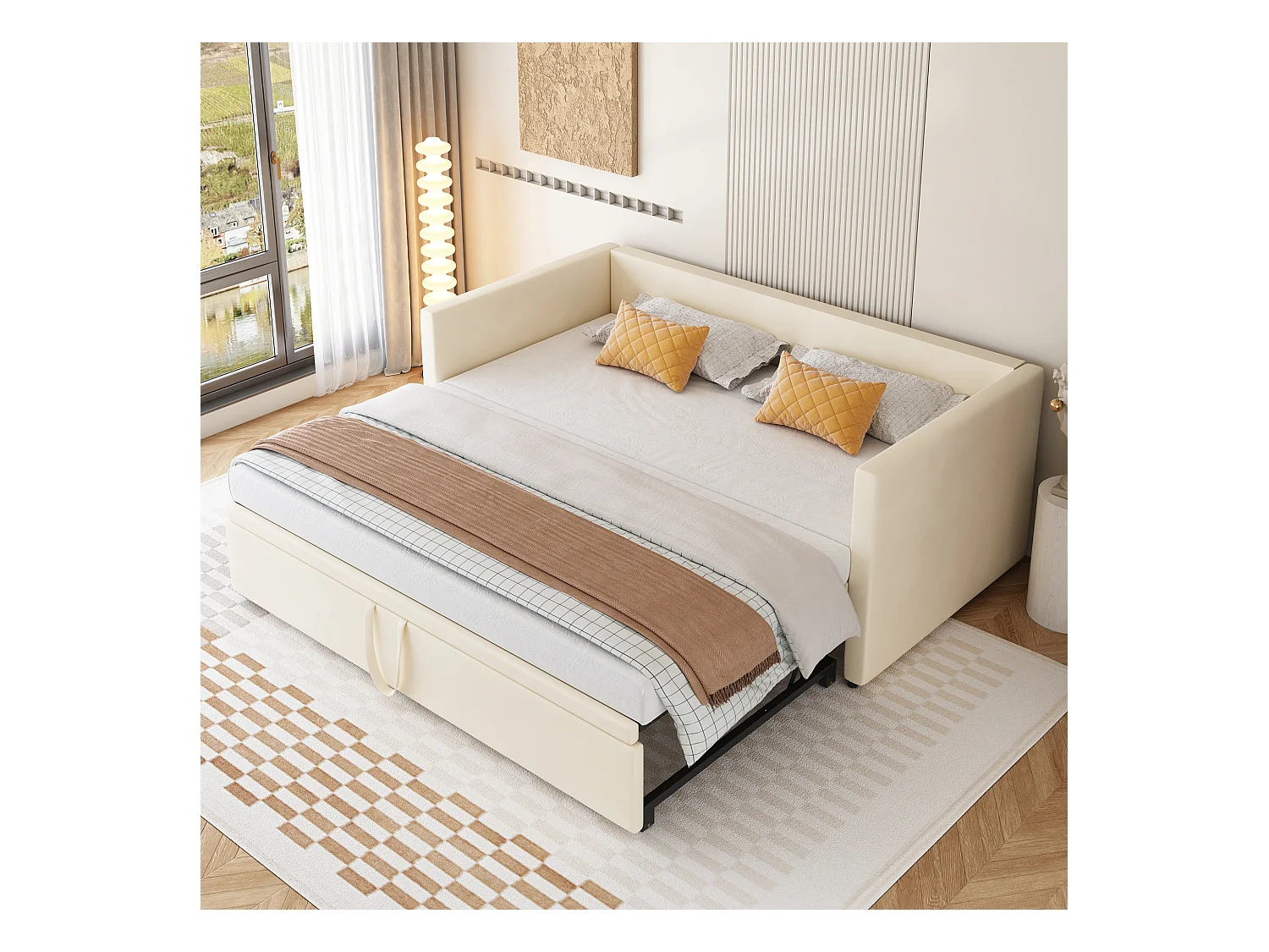 Lit banquette 90/180 x 200 cm - velours beige - lit adulte avec sommier à lattes gigogne - sans matelas