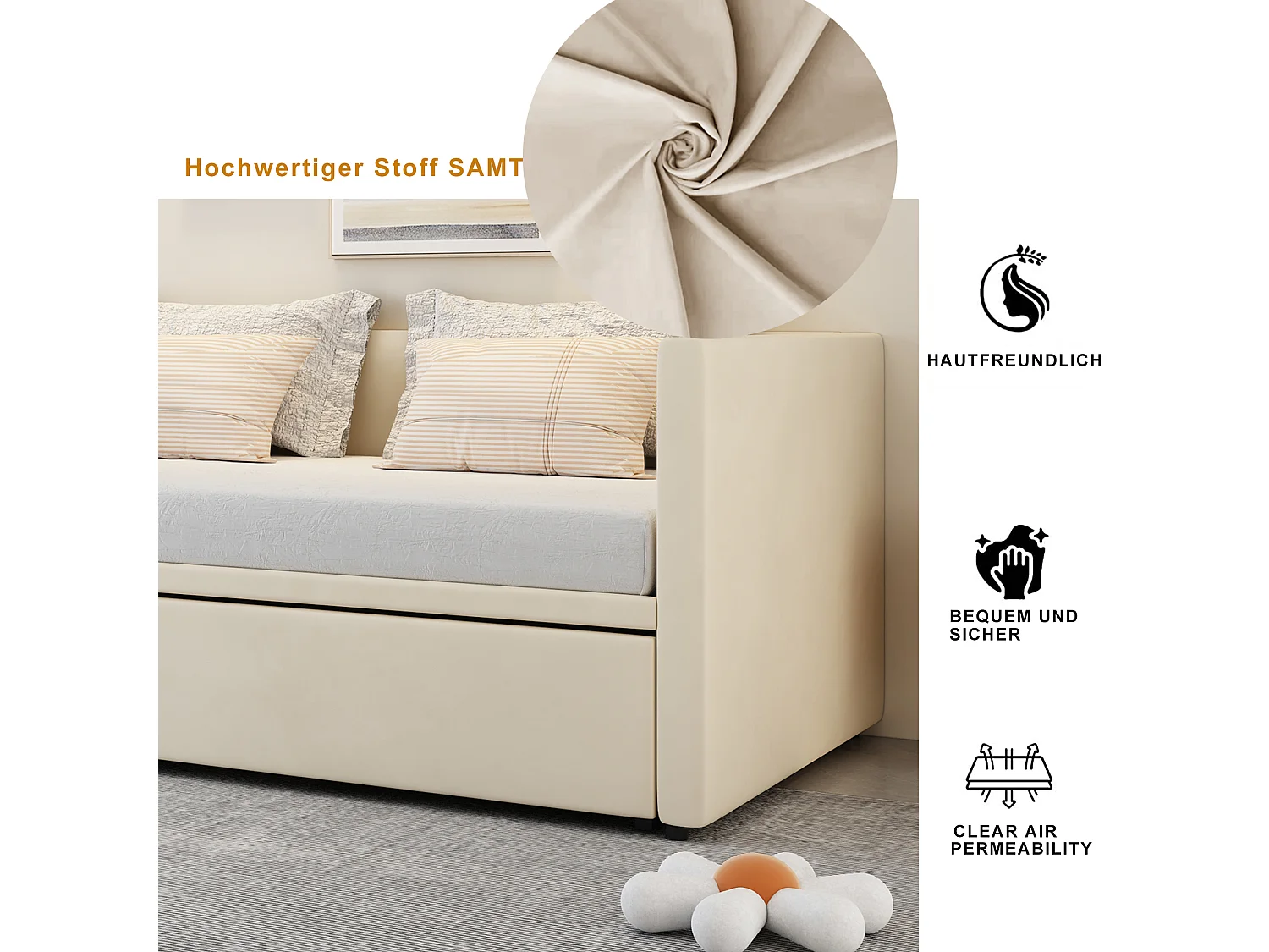 Lit banquette 90/180 x 200 cm - velours beige - lit adulte avec sommier à lattes gigogne - sans matelas