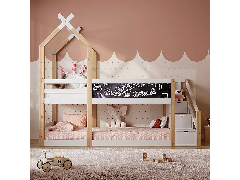 Lit superposé 90x200 cm, Lit enfant avec escalier de rangement et protection antichute, blanc, sans matelas