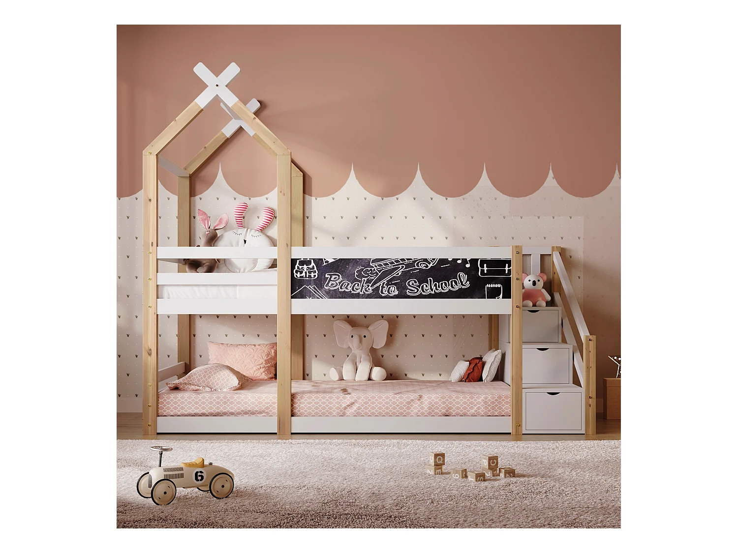 Lit superposé 90x200 cm, Lit enfant avec escalier de rangement et protection antichute, blanc, sans matelas