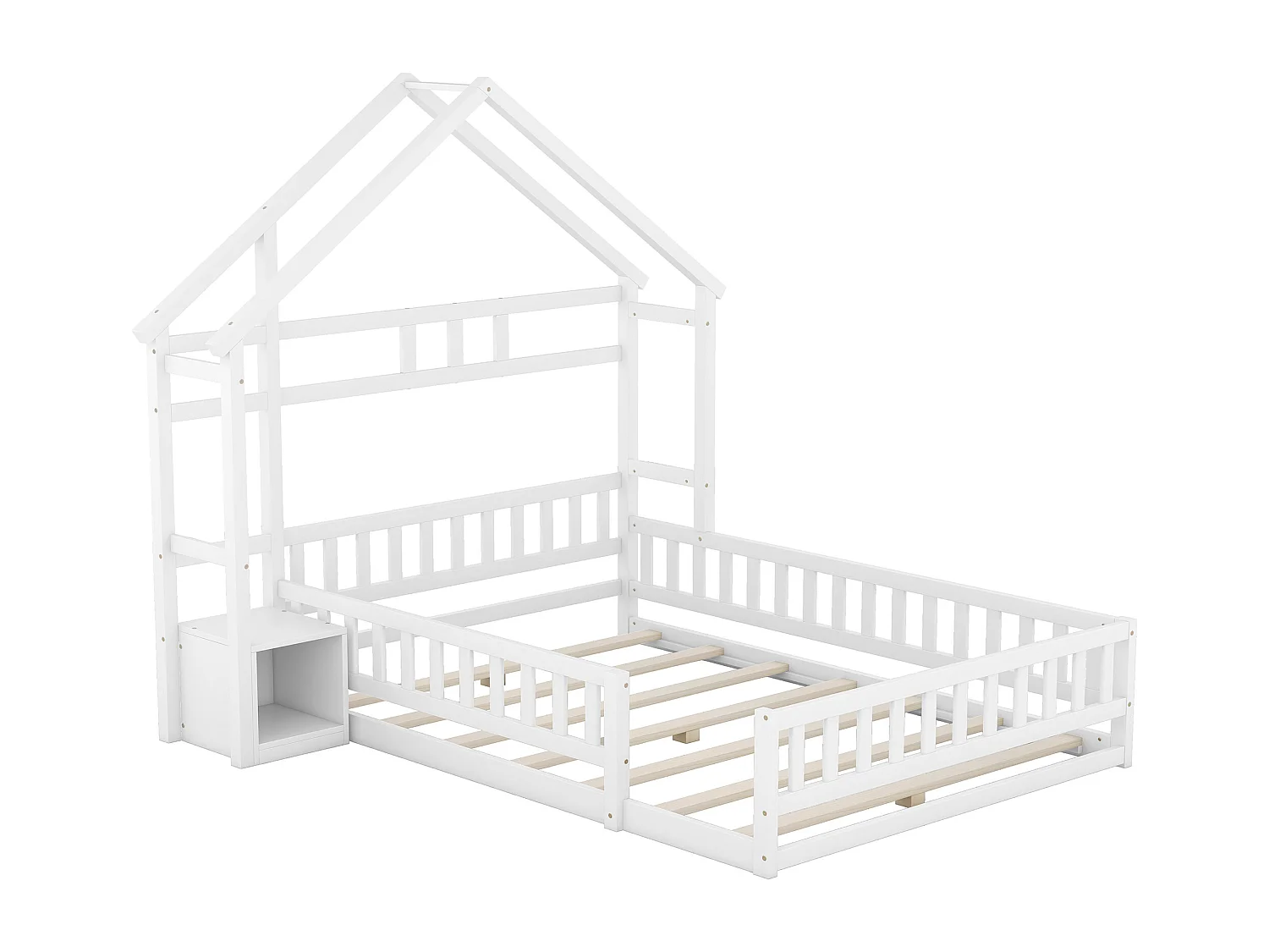 Cama-cabina infantil 140x200 cm en forma de casa con barandilla y 1 mesita de noche - Blanco