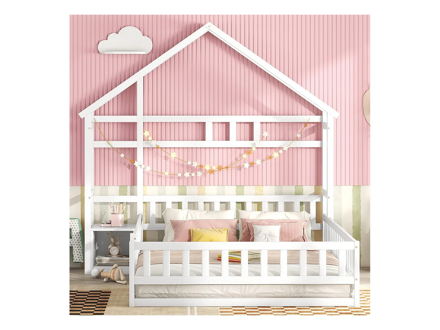 Lit cabane enfant 140x200 cm en forme maison avec balustrade et 1 table de chevet - Blanc
