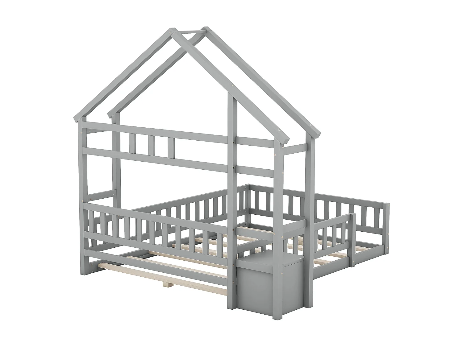 Letto a soppalco per bambini 140x200 cm a forma di casa con ringhiera e 1 comodino - Grigio