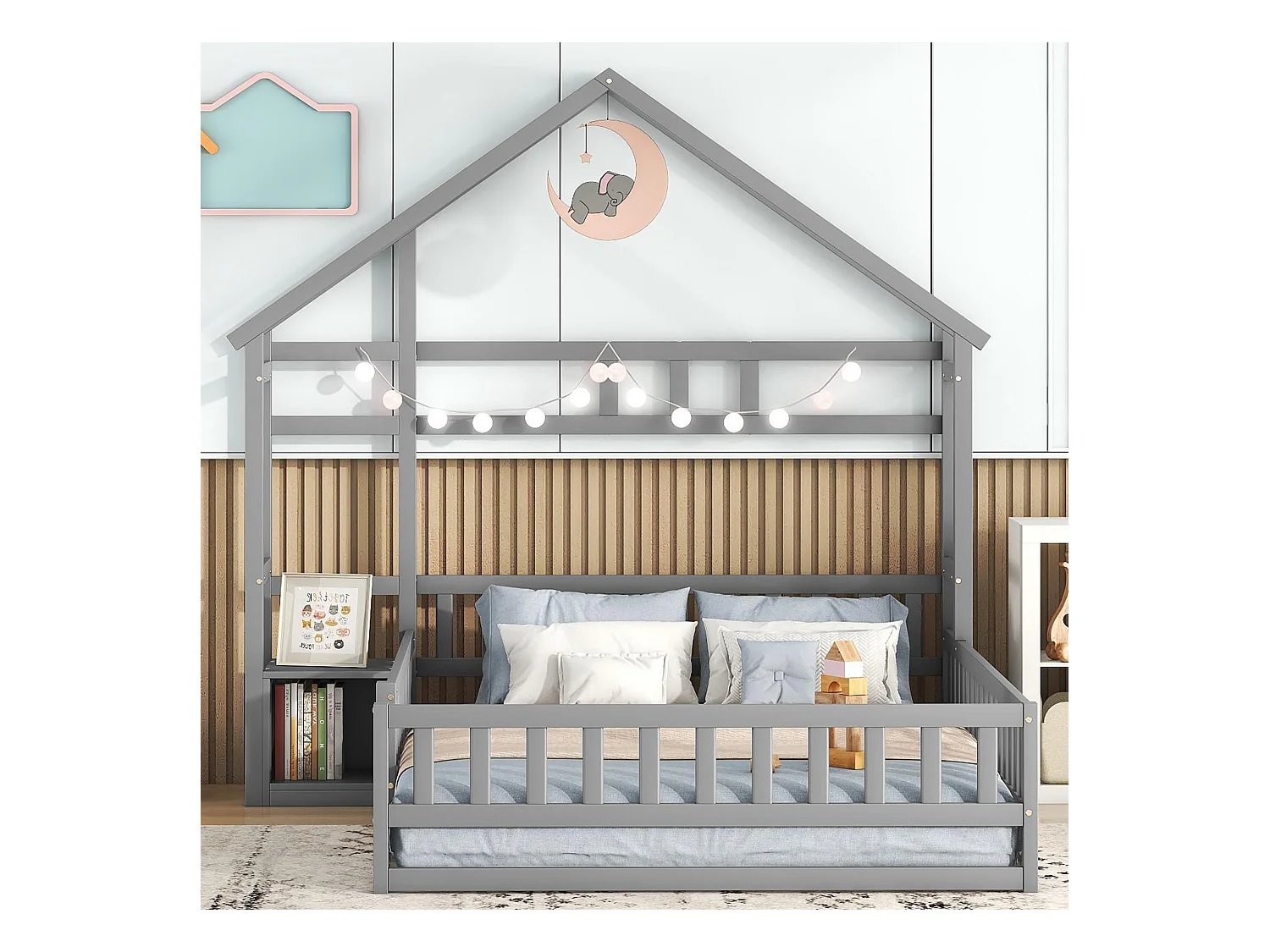 Lit cabane enfant 140x200 cm en forme maison avec balustrade et 1 table de chevet - Gris