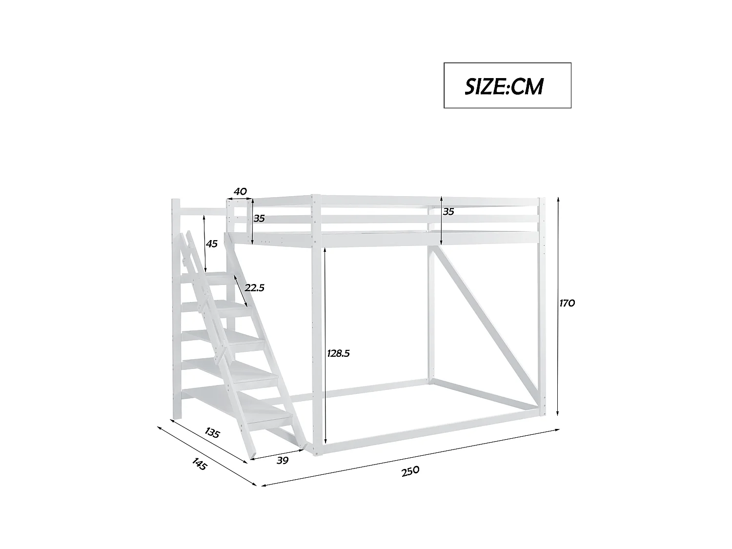 Lit mezzanine enfant 140x200 cm en Bois avec échelle de sécurité - Blanc