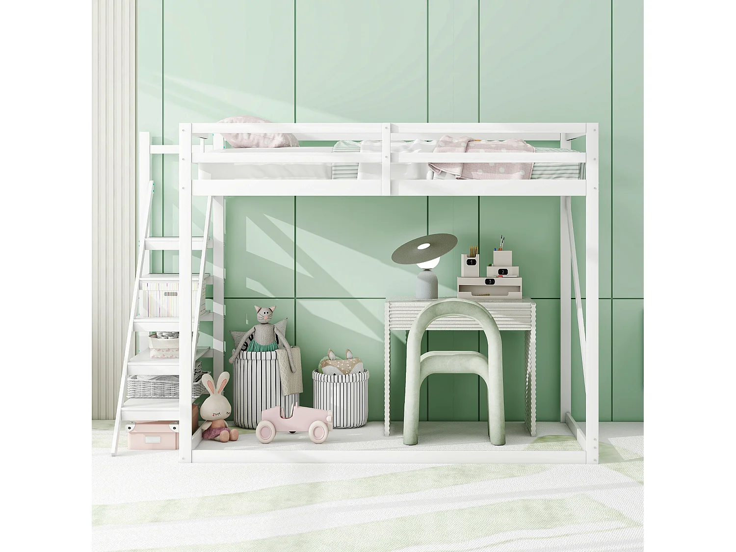 Lit mezzanine 140x200 cm, lit enfant avec escalier et sommier à lattes - bois - blanc (sans matelas)