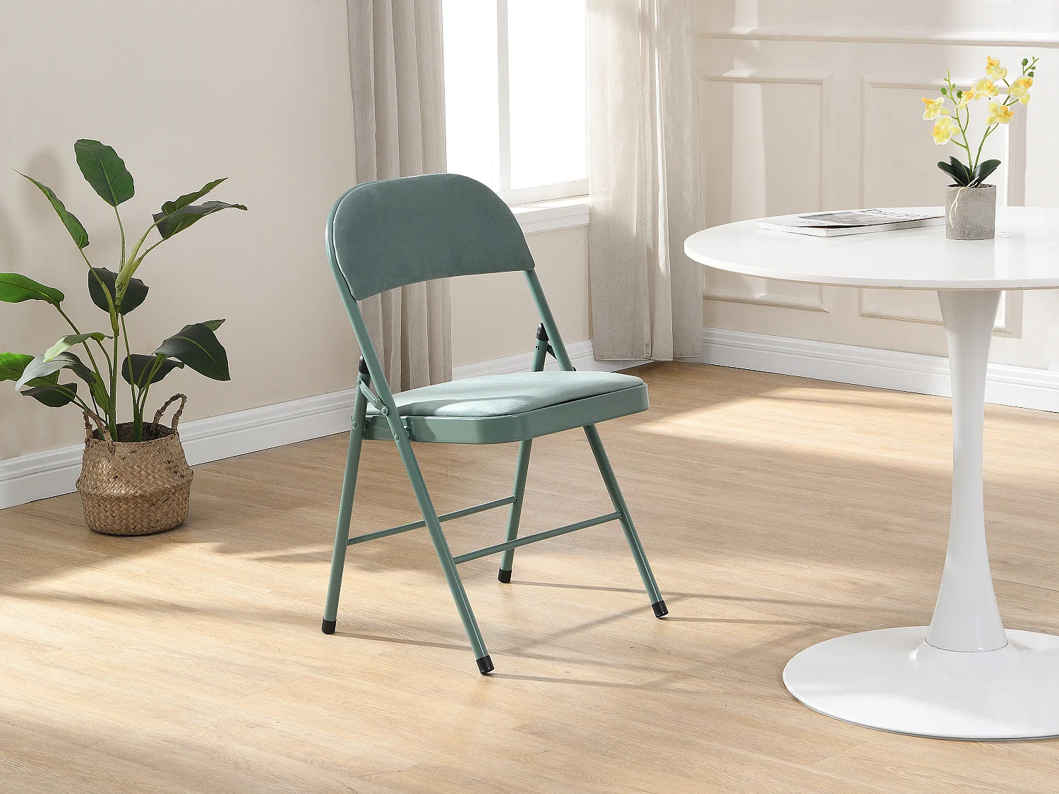 Lot de 2 chaises pliantes en velours et métal - Vert amande - ORTENSIA