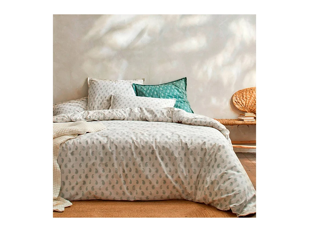 Housse de couette 100% coton percale biologique Sari Ecume vert c. 140x200 cm