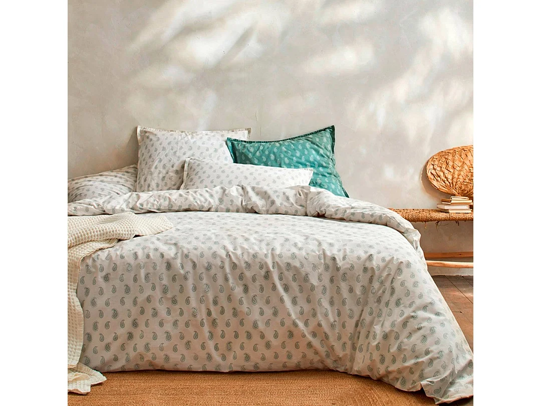 Housse de couette 100% coton percale biologique Sari Ecume vert c. 140x200 cm