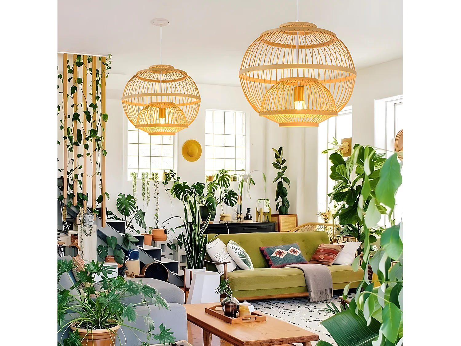 Lustre rotin suspension rotin naturel sphérique d35 cm x h35 cm