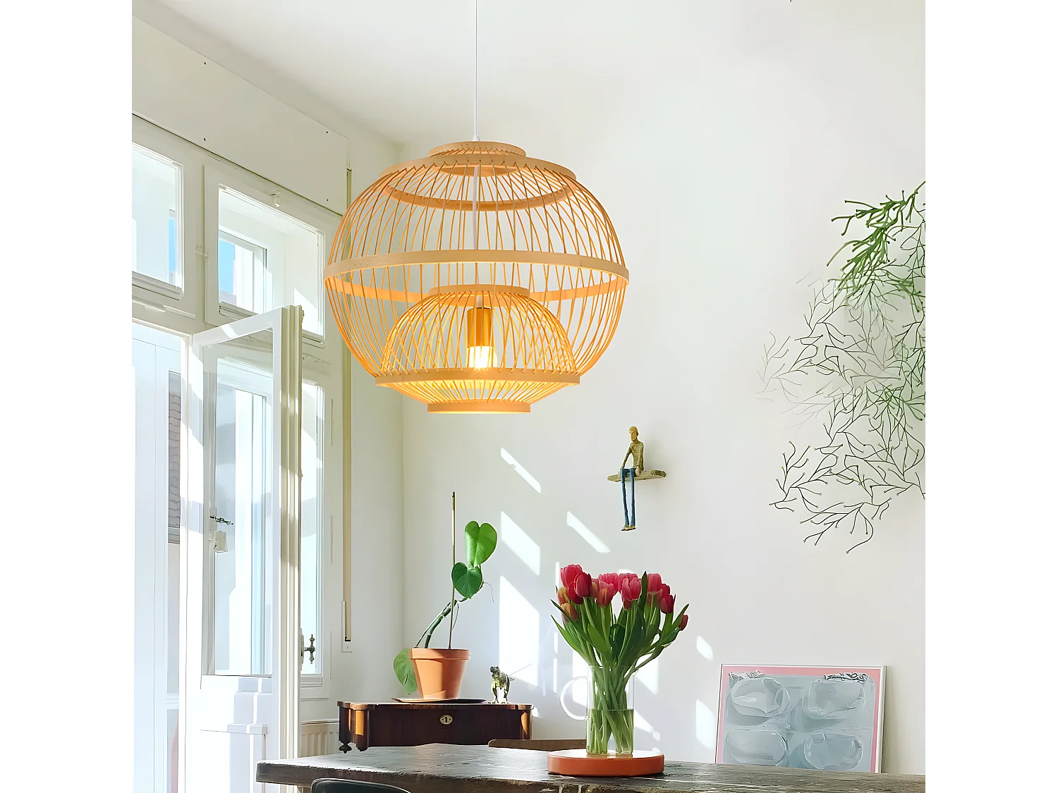 Lustre rotin suspension rotin naturel sphérique d35 cm x h35 cm