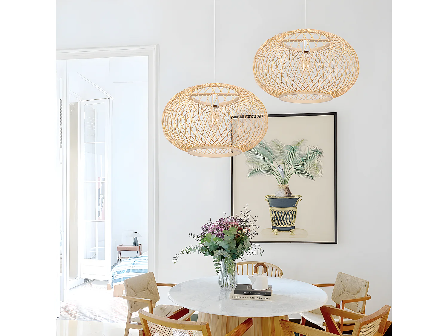 Lustre rotin suspension rotin naturel  d40 cm x h28 cm - sphérique