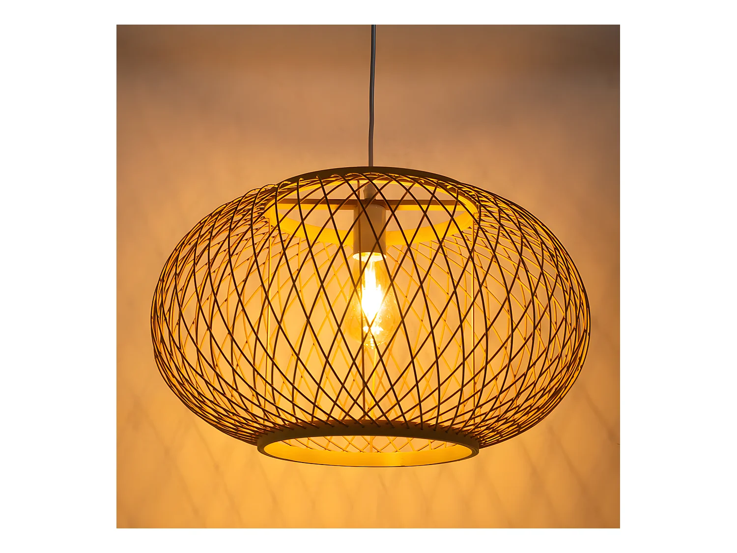 Lustre rotin suspension rotin naturel  d40 cm x h28 cm - sphérique