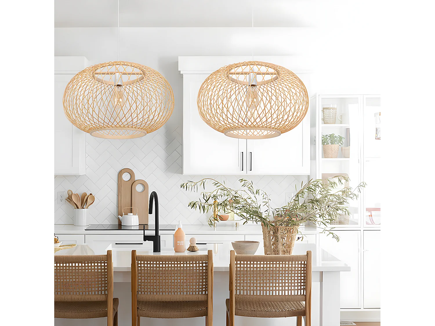 Lustre rotin suspension rotin naturel  d40 cm x h28 cm - sphérique