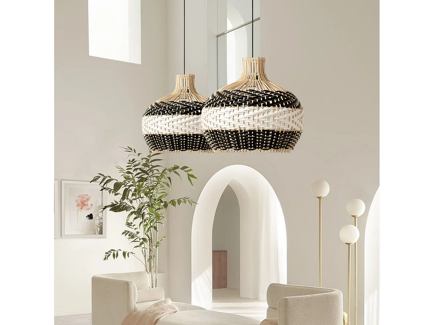 Luminaires suspendus rotin géométrique - noir - d50 cm x h50 cm