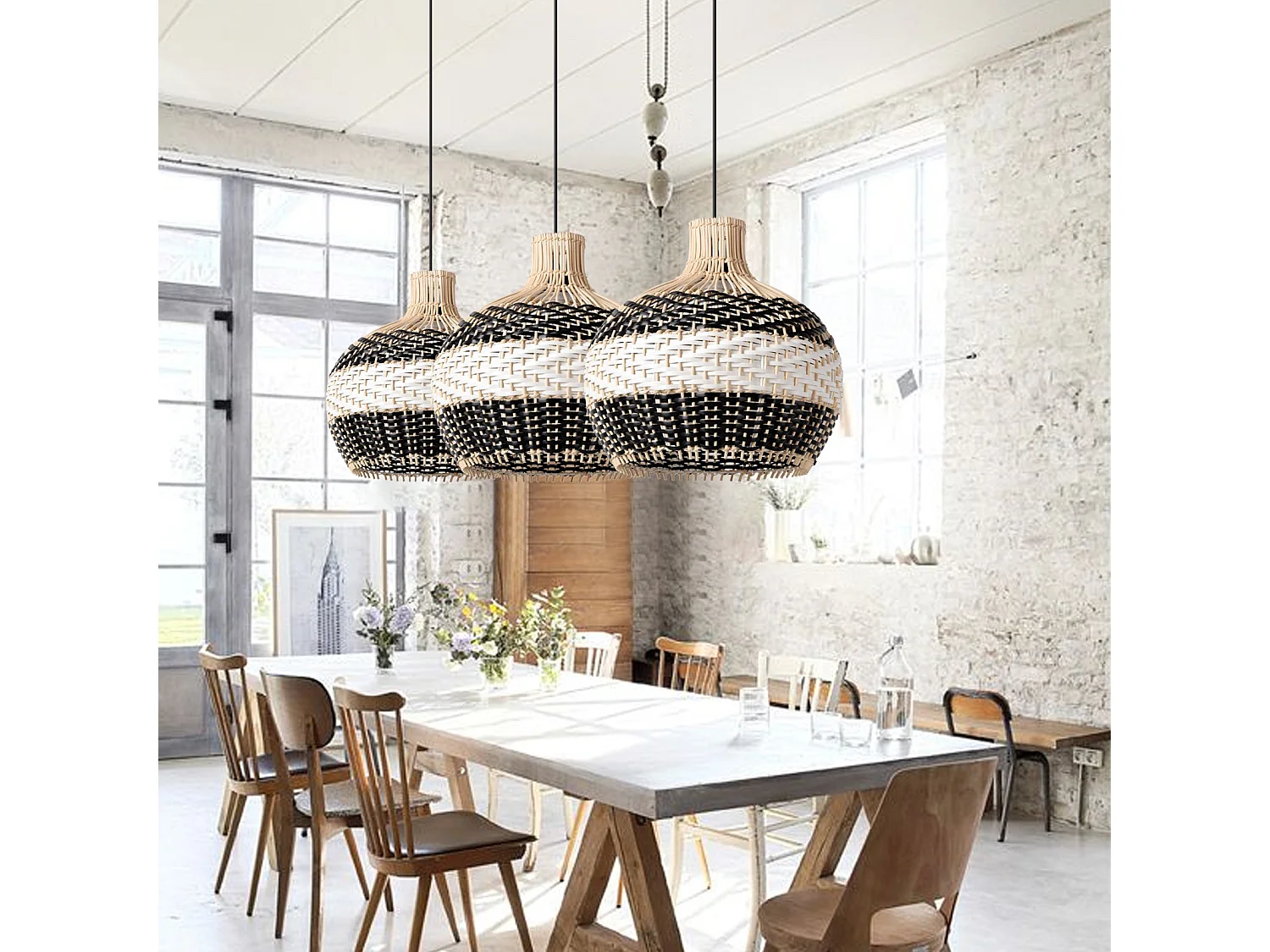 Luminaires suspendus rotin géométrique - noir - d50 cm x h50 cm