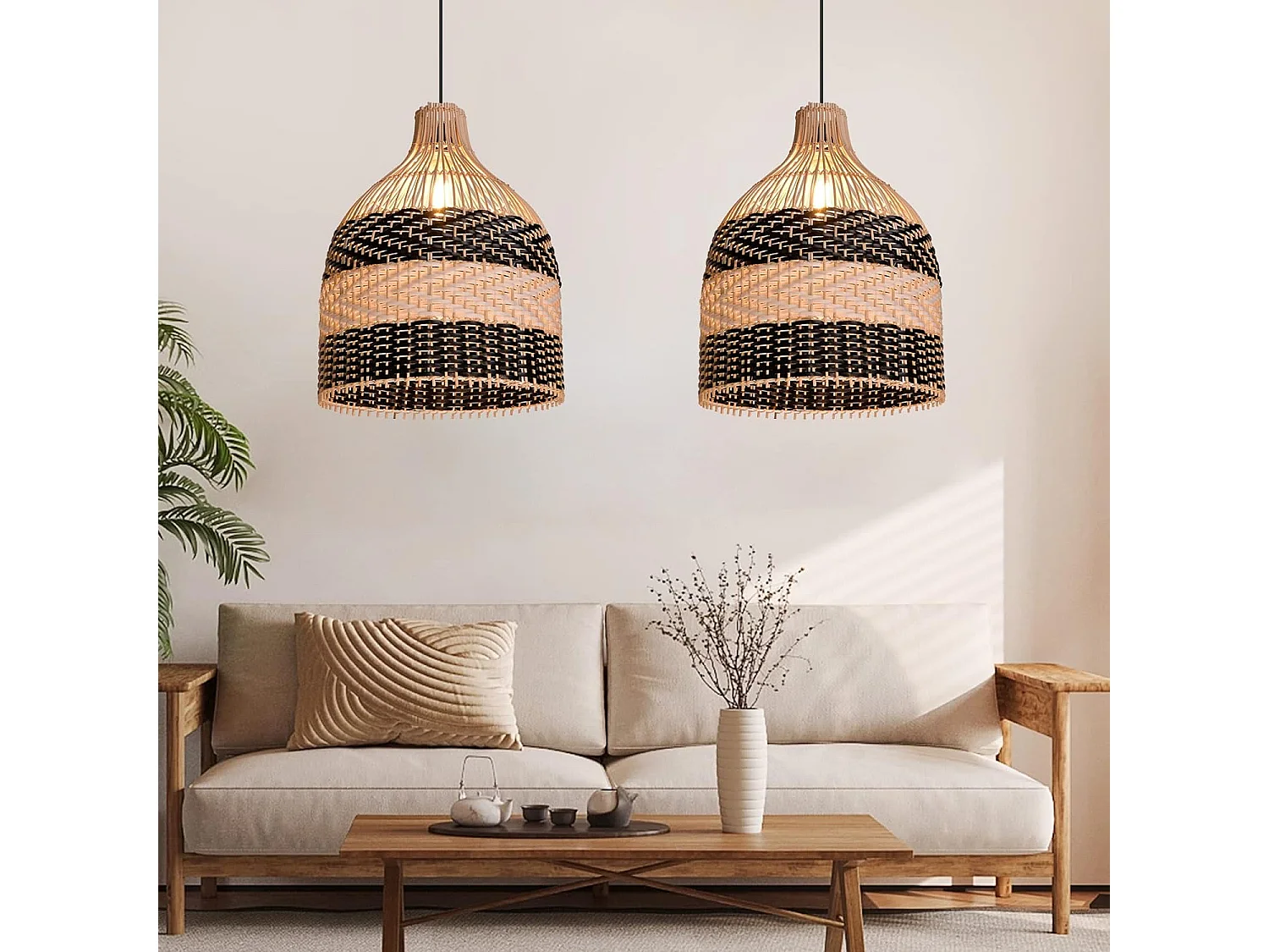 Suspension ethnique en métal et rotin naturel - noir - d30 cm x h40 cm
