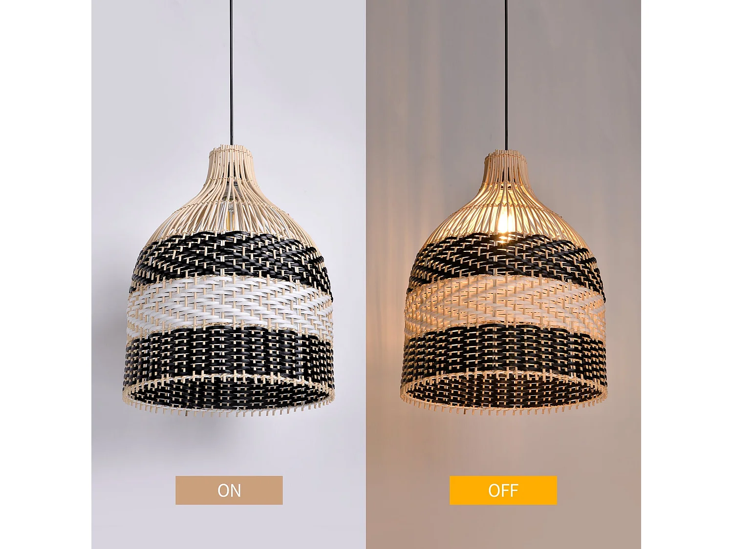 Suspension ethnique en métal et rotin naturel - noir - d30 cm x h40 cm